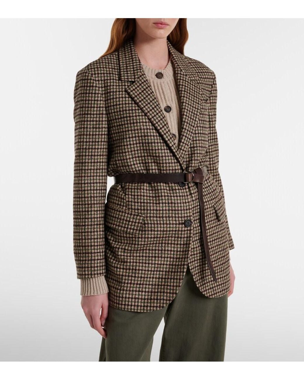 Brunello Cucinelli Brown Belted Checked Wool And Alpaca-Blend Jacket