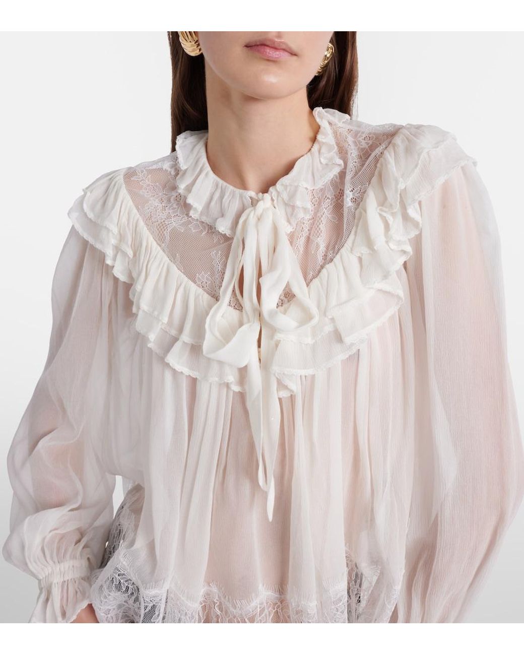 Self-Portrait White Gathered Georgette And Lace Blouse