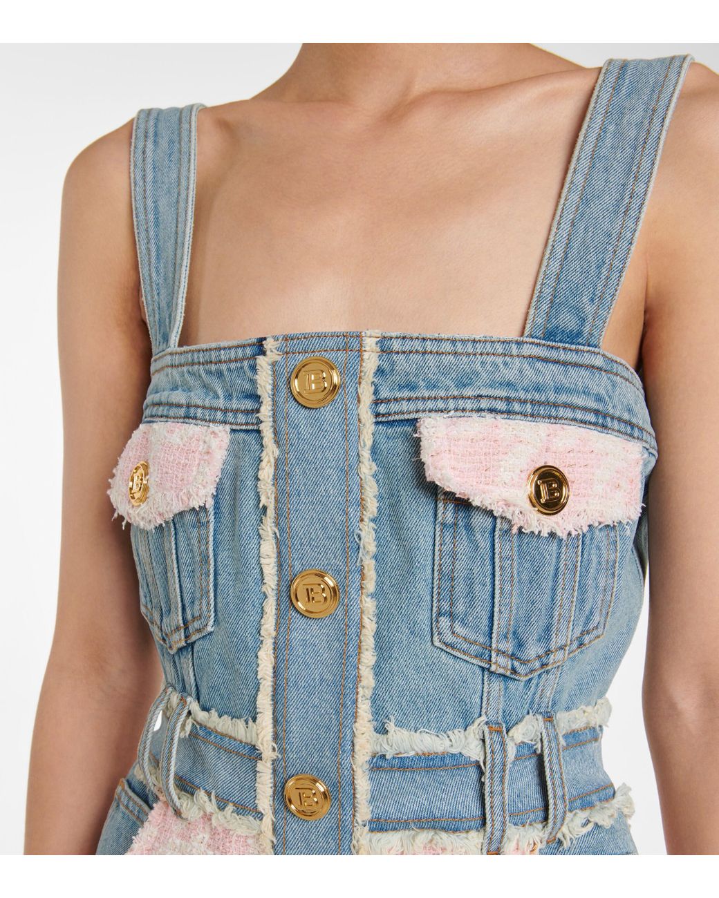 balmain denim and pink dress Balmain Denim And Tweed Minidress in Pink