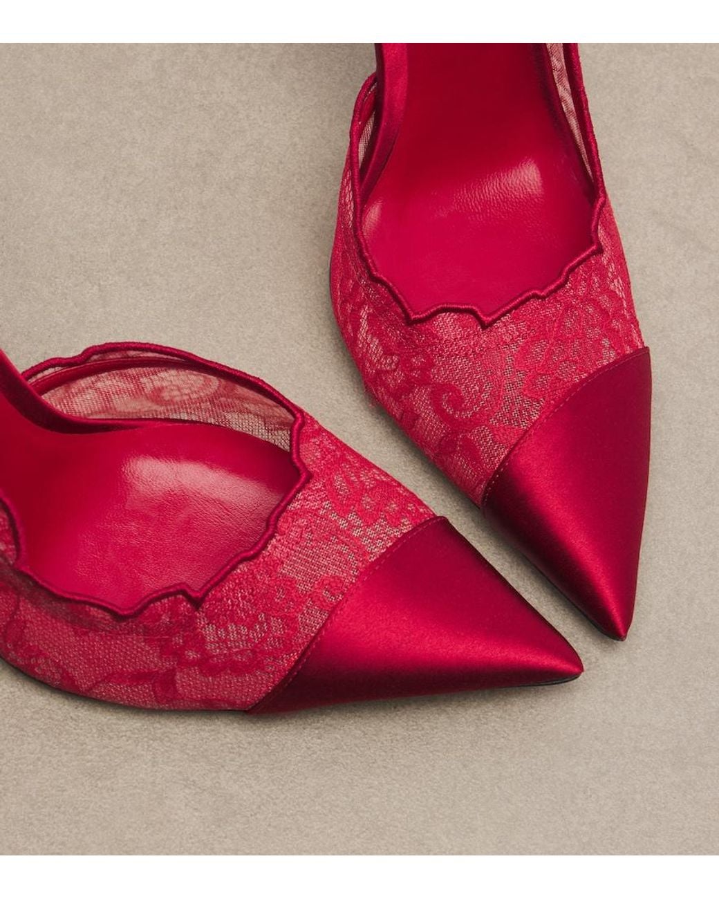 Jimmy Choo Red Brigitte Lace-Trimmed Satin Pumps