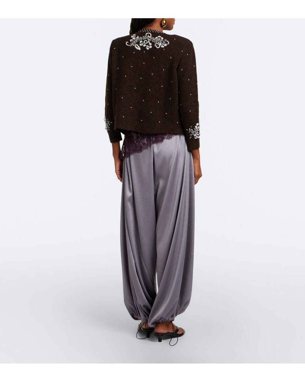 JACQUES WEI Purple Leather-Trimmed Satin Wide-Leg Pants