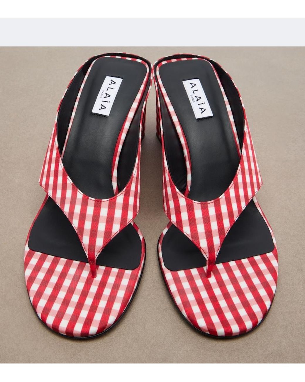 Alaïa Red Cube Gingham Wedge Thong Sandals