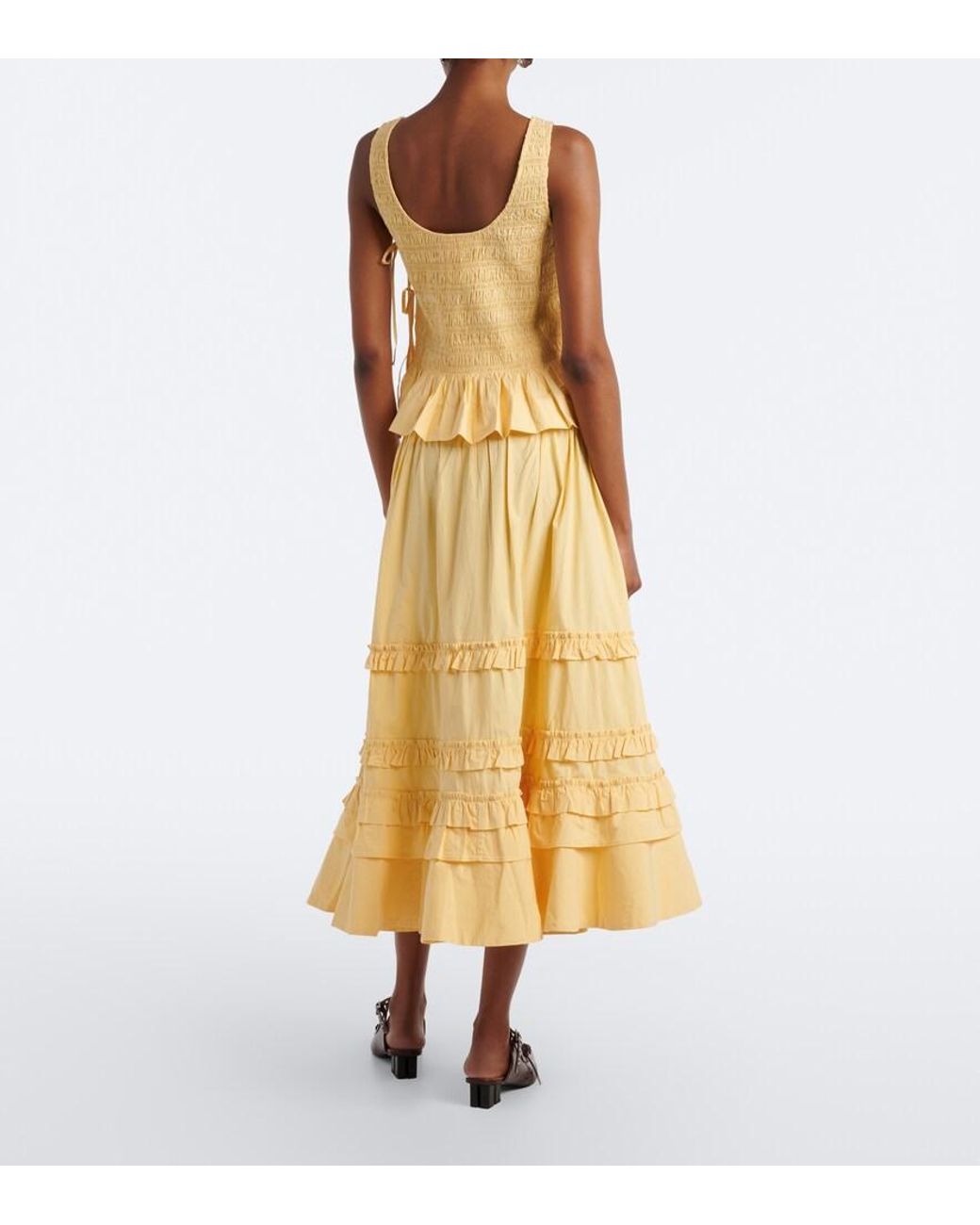 Ganni Yellow Ruffled Shirred Tiered Cotton-Blend Midi Skirt