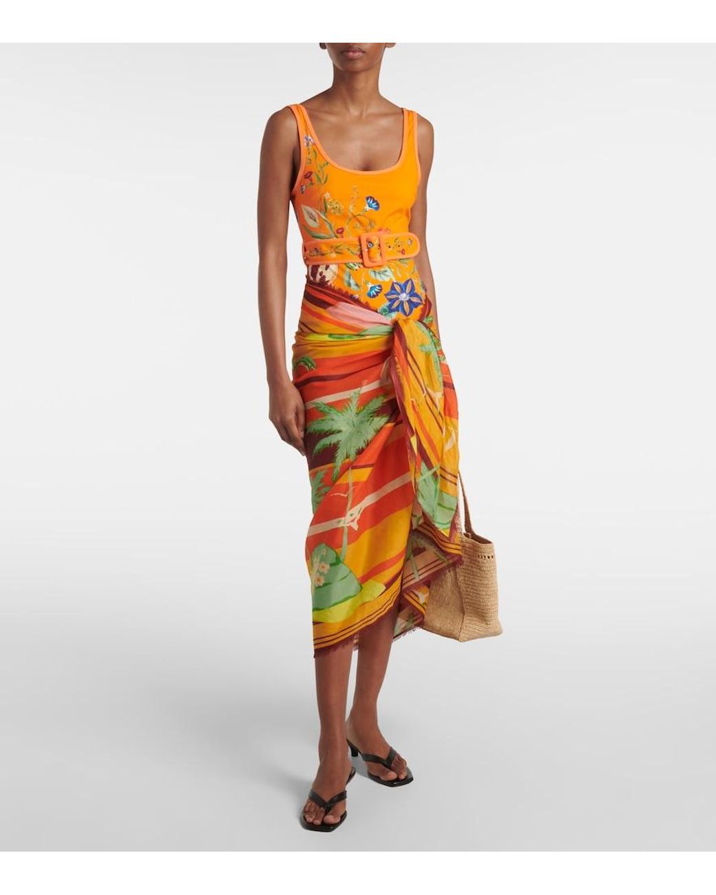 ALÉMAIS Orange Flores Printed Belted Swimsuit