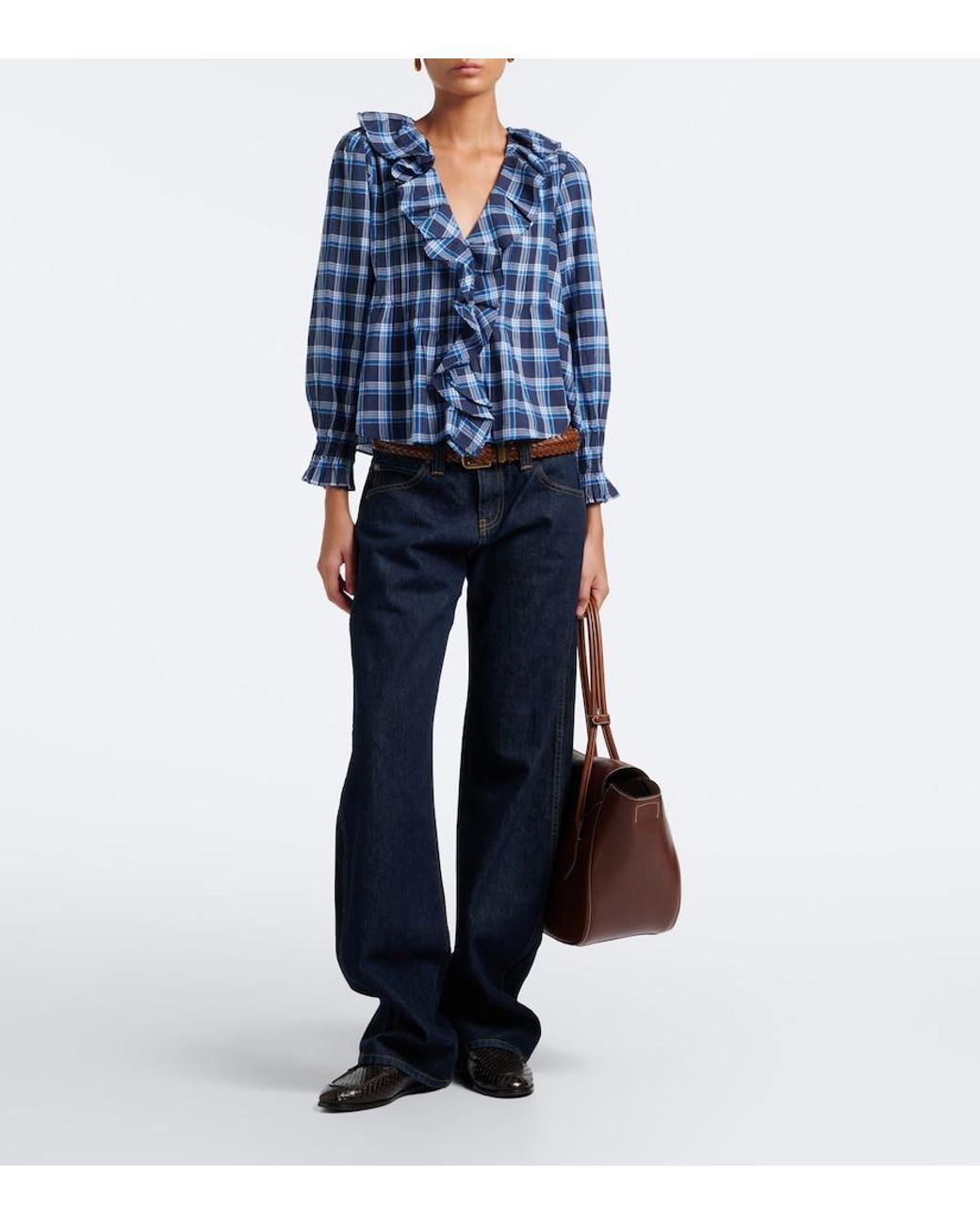 Doen Blue Hardy Plaid Ruffled Cotton Blouse