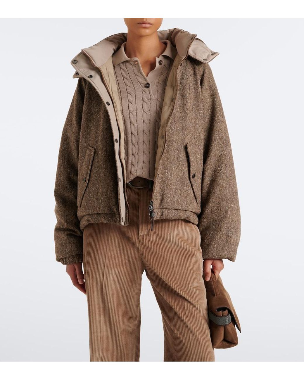 Brunello Cucinelli Brown Hooded Wool-Blend Down Jacket