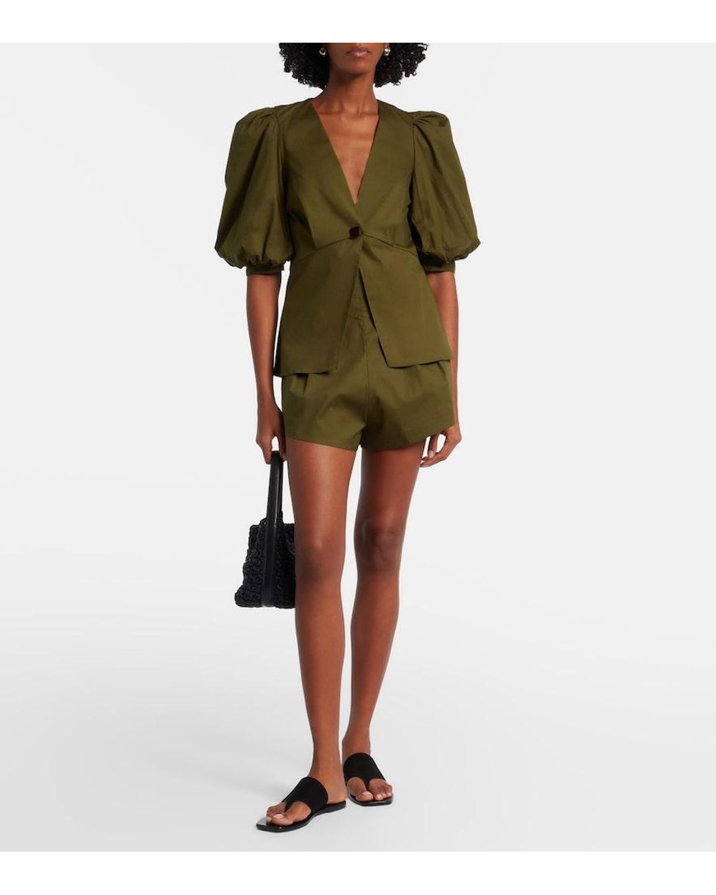 Adriana Degreas Green Puff-Sleeve Cotton-Blend Top