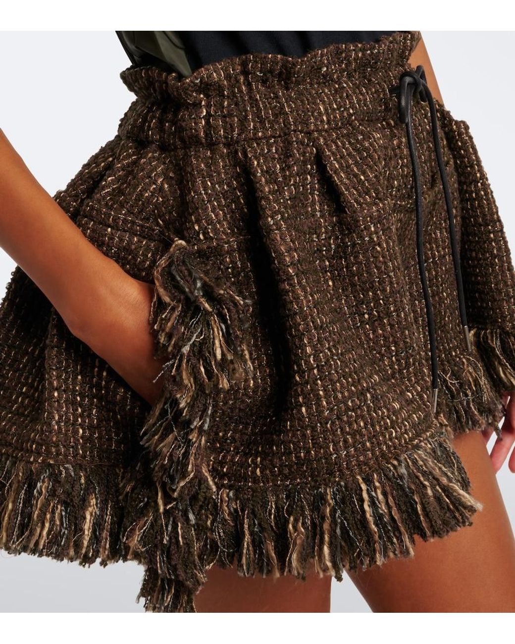 Sacai Brown Fringed Wool-Blend Tweed Shorts