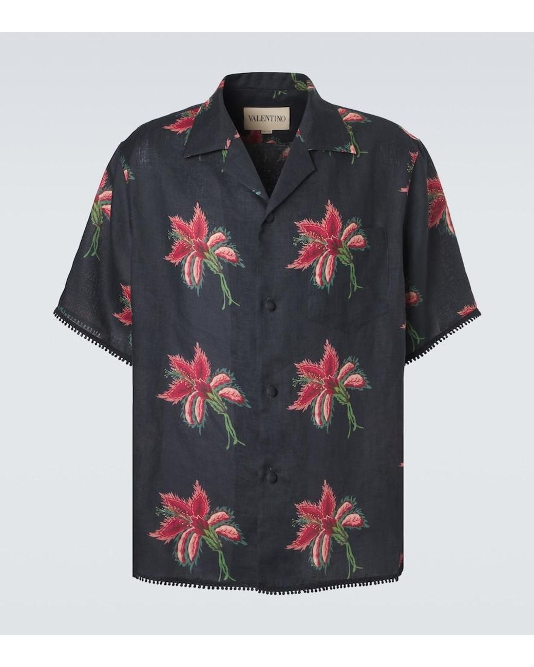 Valentino Garavani Black Floral Lace-Trimmed Linen Bowling Shirt for men
