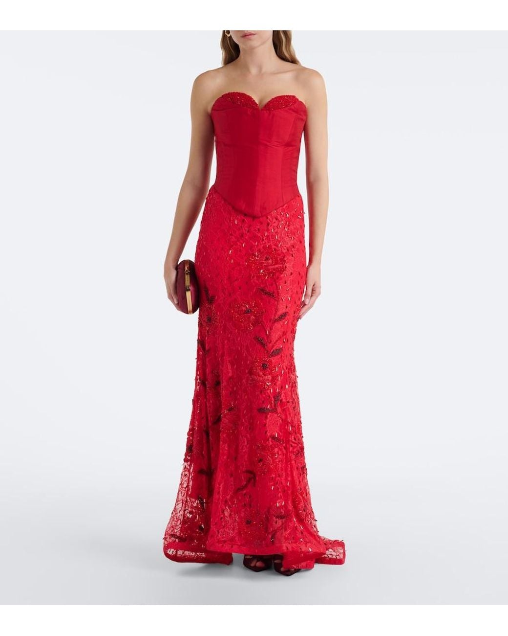 La Fuori Red Embellished Lace Bustier Gown