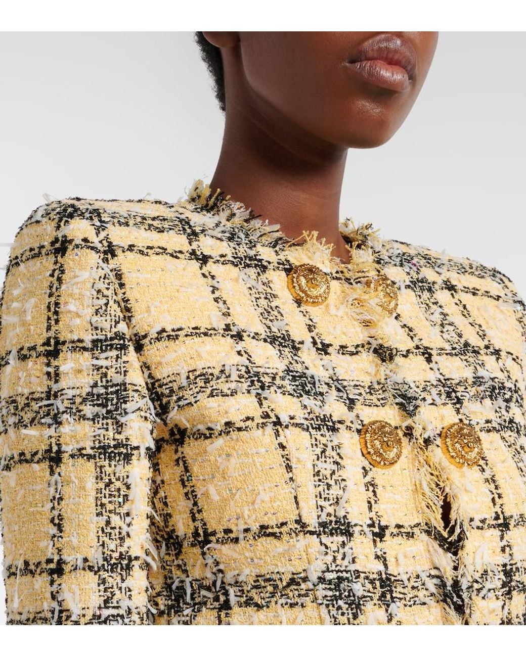 Balmain Yellow Checked Tweed Cropped Jacket