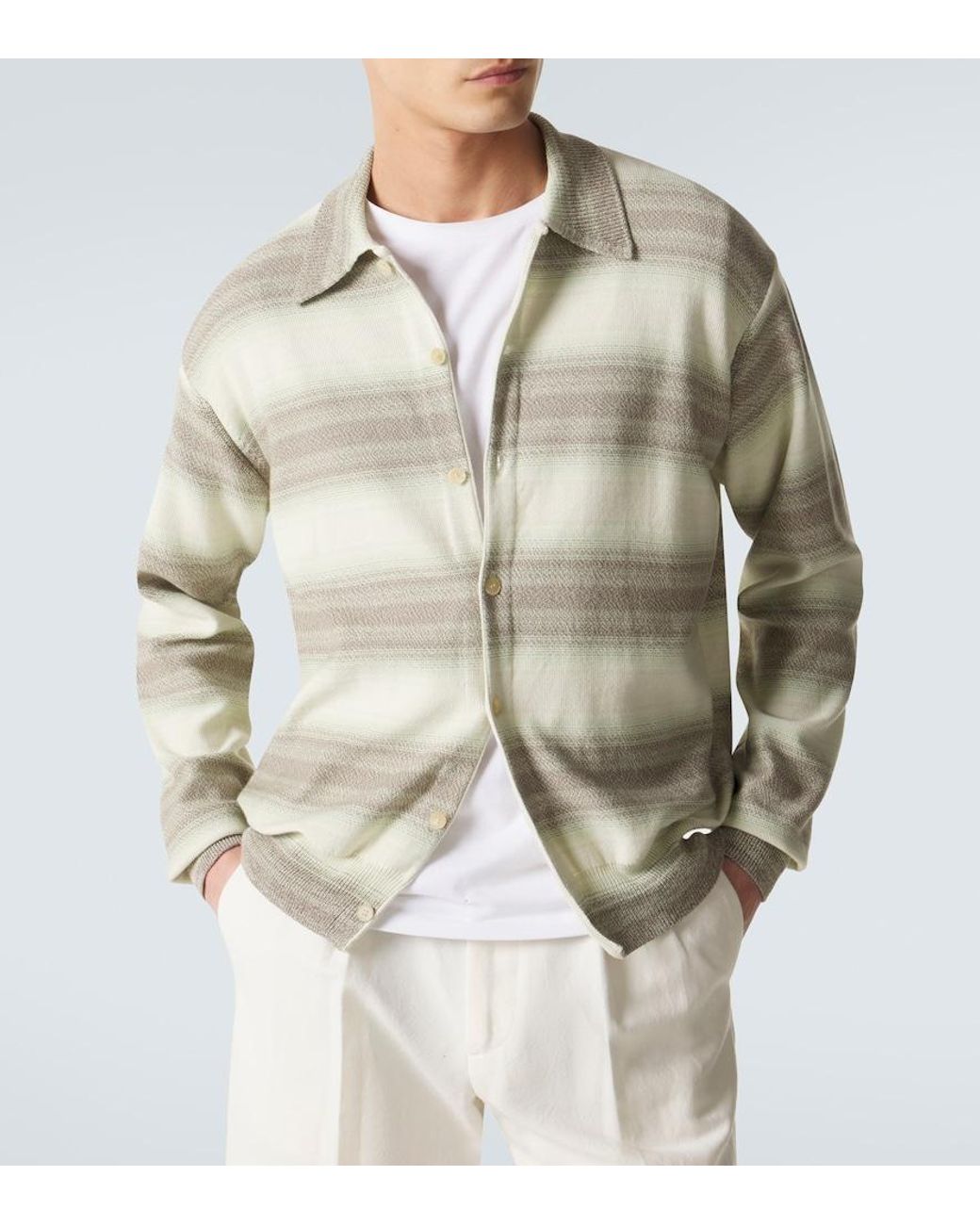 Auralee Gray Striped Cotton And Silk Cardigan for men