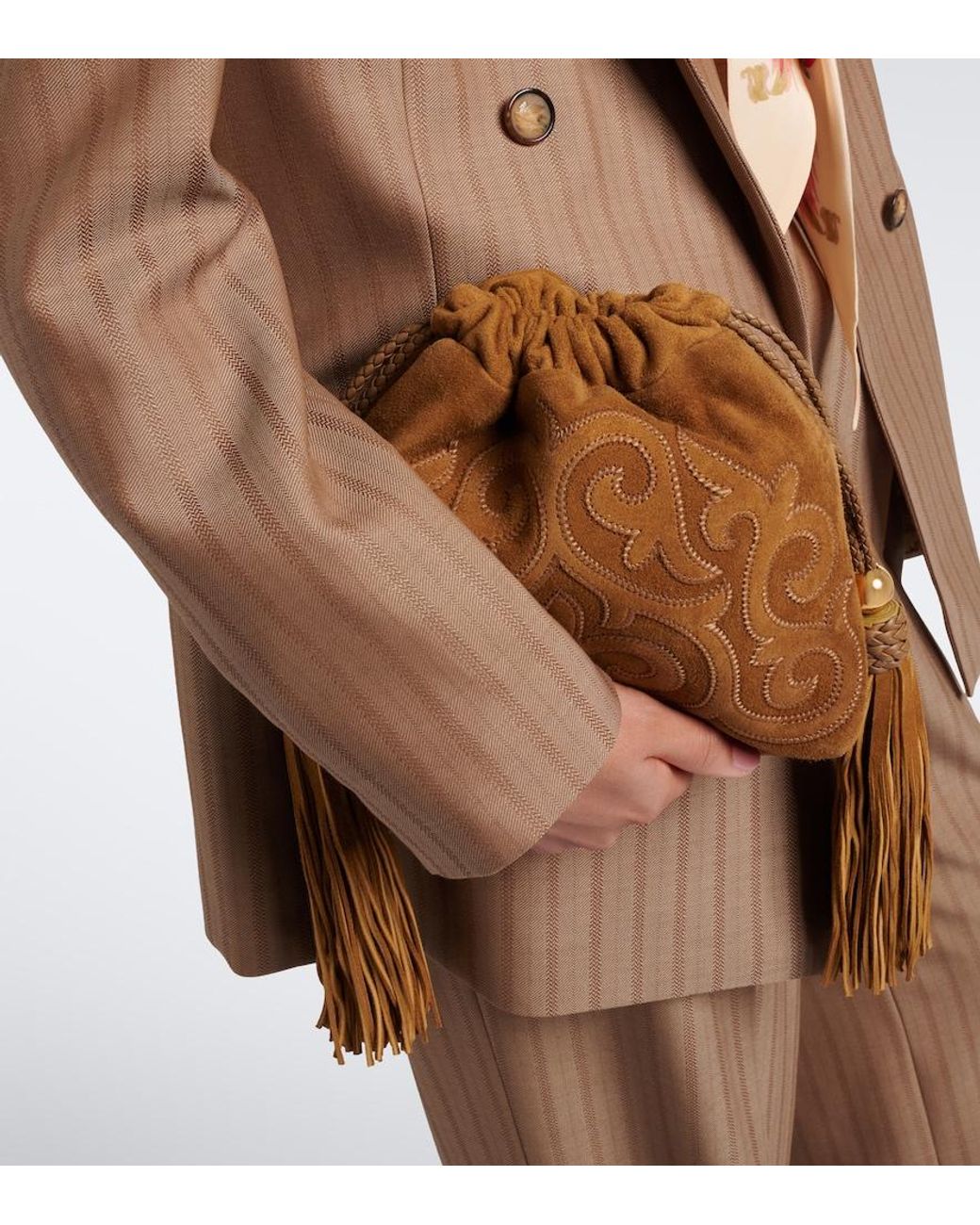 Etro Brown Kalispera Small Embroidered Suede Clutch