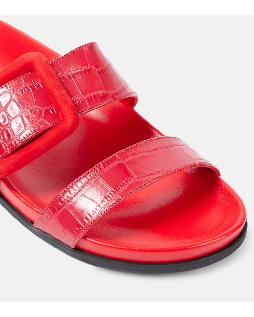 Manolo Blahnik Red Mayfu Croc-Effect Leather Sandals