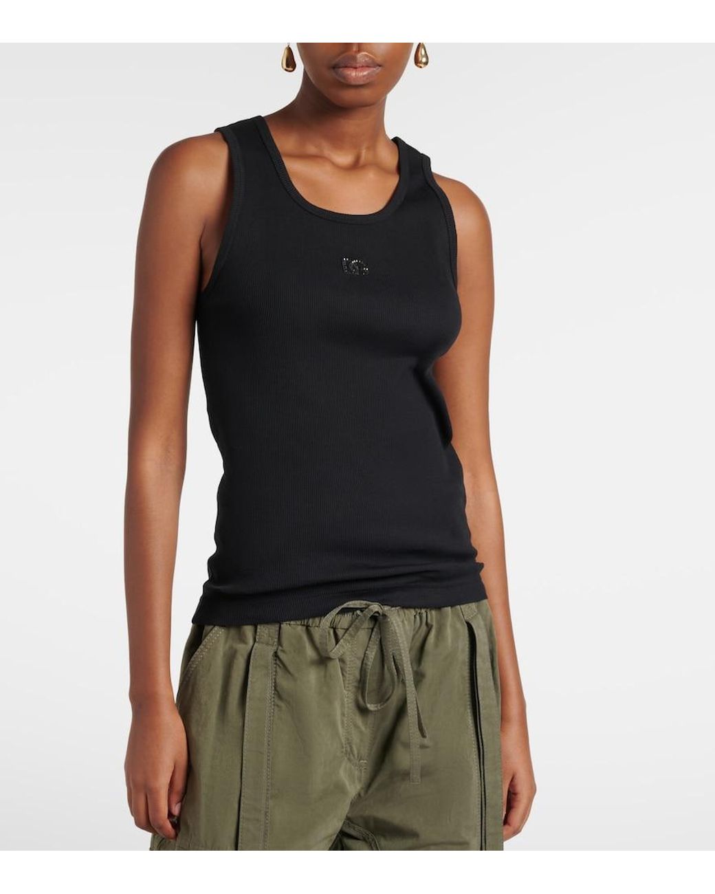 Dolce & Gabbana Black Dg Embellished Ribbed-Knit Cotton Tank Top