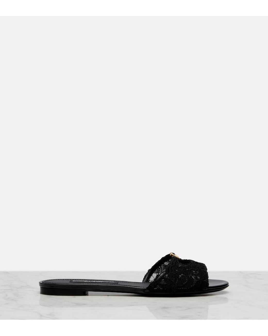 Dolce & Gabbana Black Dg Leather-Trimmed Lace Slides