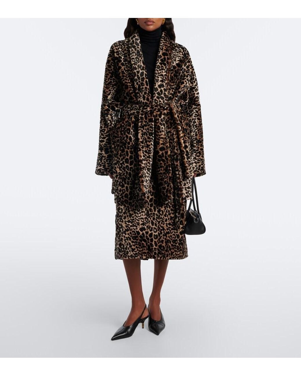 Nour Hammour Black Raquel Leopard-Print Shearling Wrap Coat