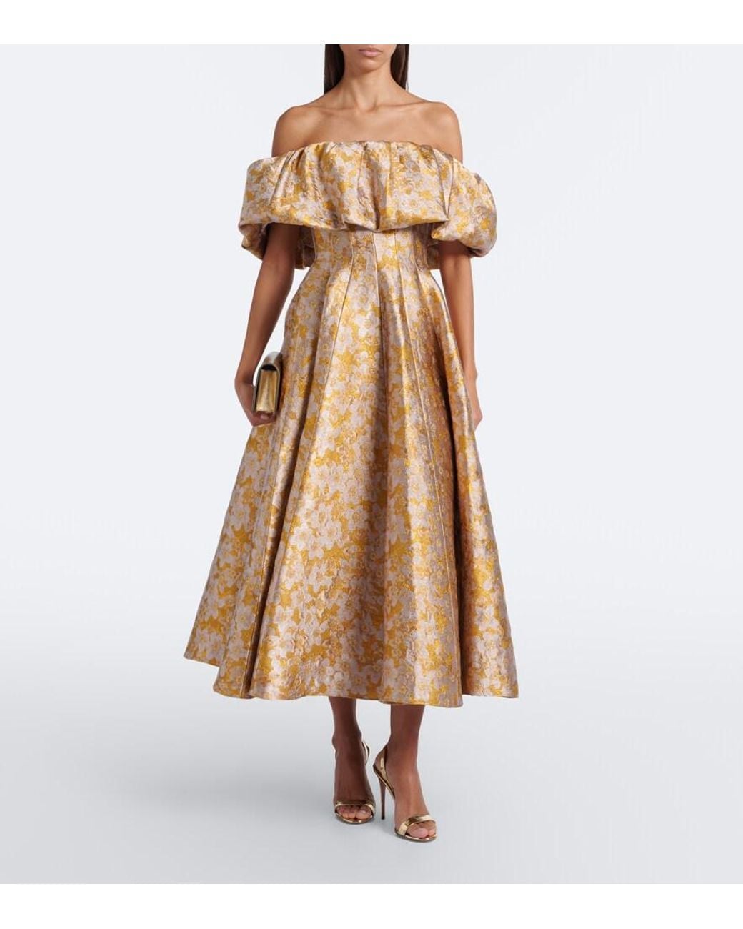Markarian Natural Floral Off-Shoulder Brocade Cocktail Dress