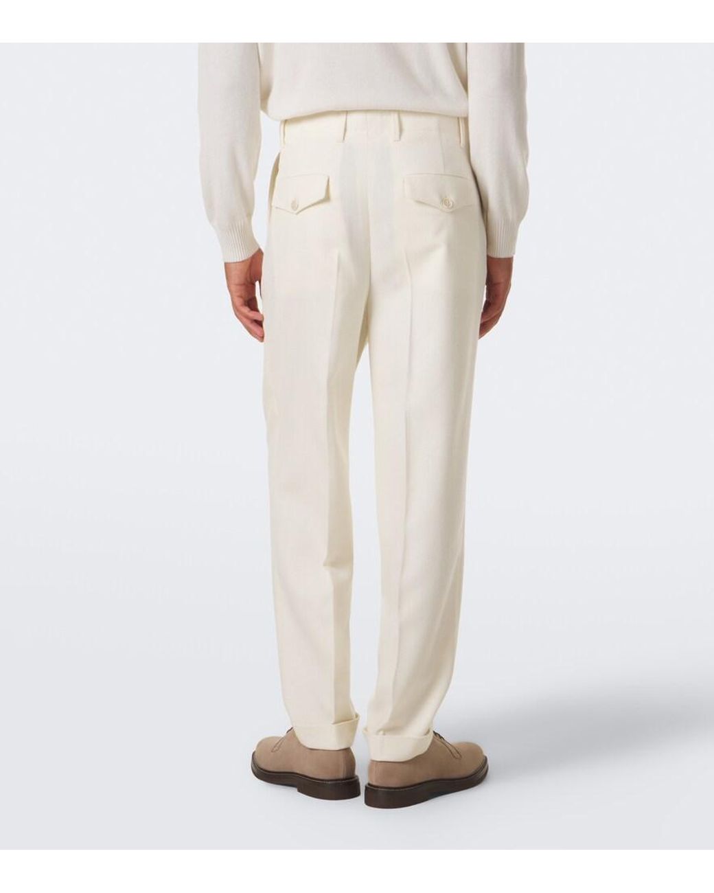 Brunello Cucinelli White Pleated Wool And Cotton Straight Pants for men