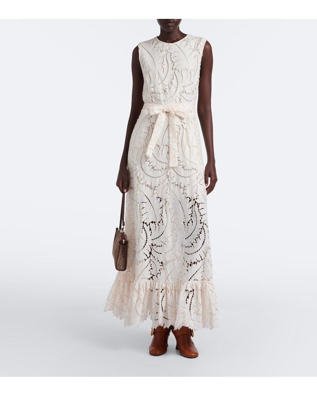 Etro White Belted Giupure Lace Cotton Maxi Dress