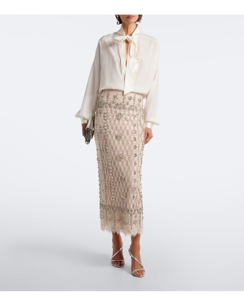Costarellos Natural Dena Embellished Lace Pencil Skirt