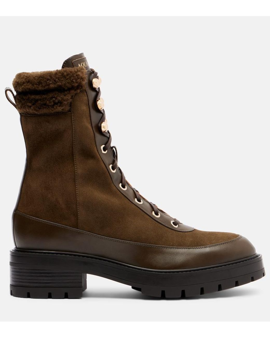 Aquazzura Brown Very Cortina Shearling-Trimmed Suede Lace-Up Boots