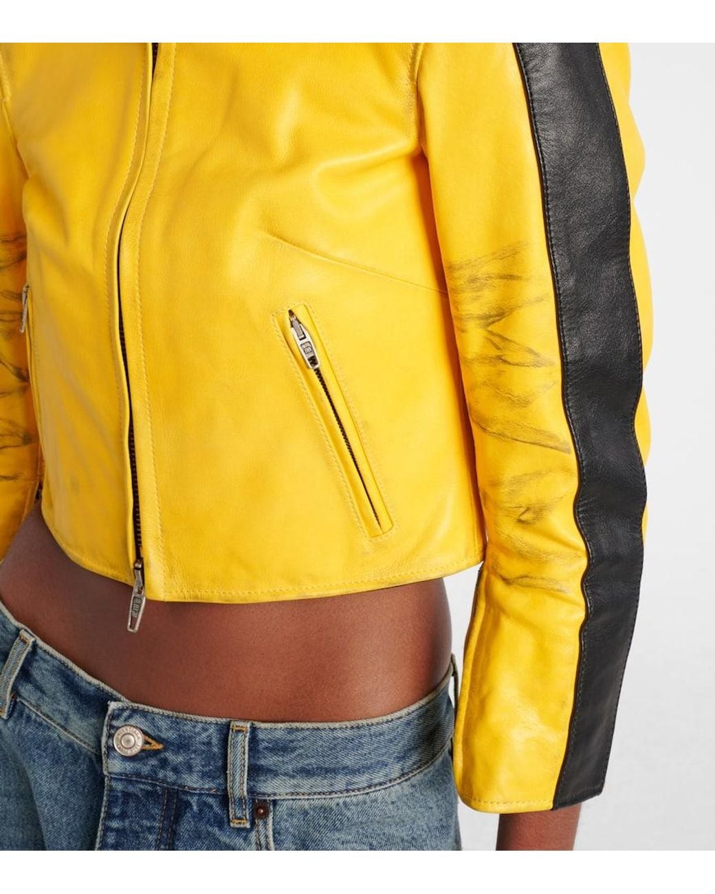 Balenciaga Yellow Cropped Distressed Leather Jacket