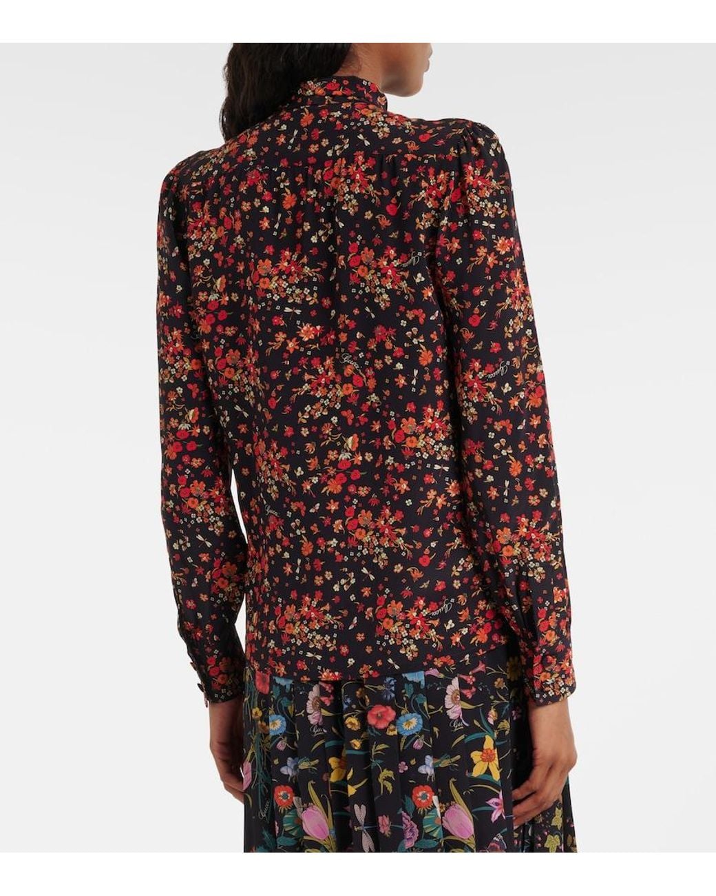 Gucci Red Bow-Detail Floral Silk Blouse