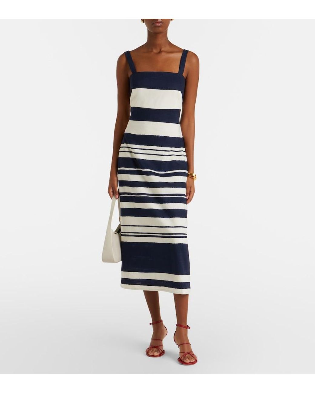 Veronica Beard Blue Ella Striped Linen-Blend Midi Dress