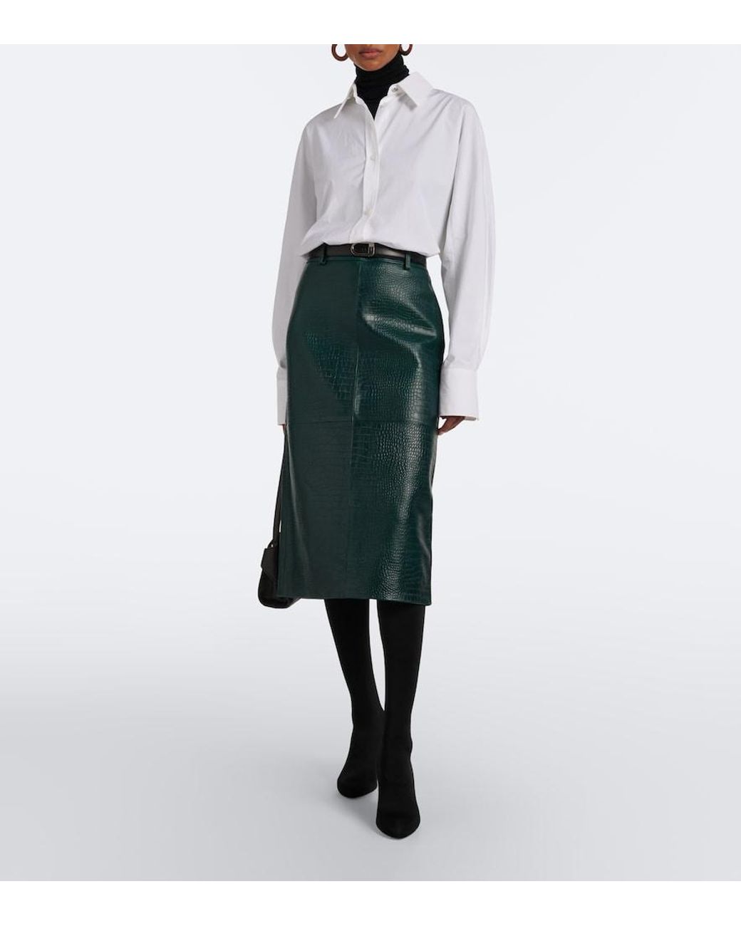 Frankie Shop Green Taney Croc-Effect Leather Pencil Skirt