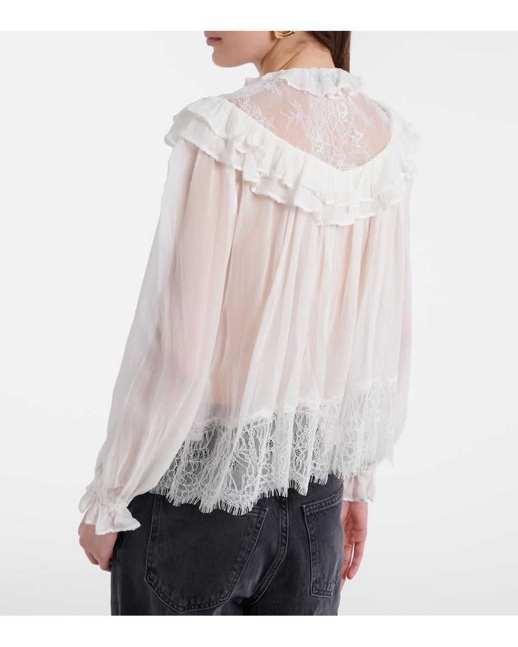 Self-Portrait White Gathered Georgette And Lace Blouse