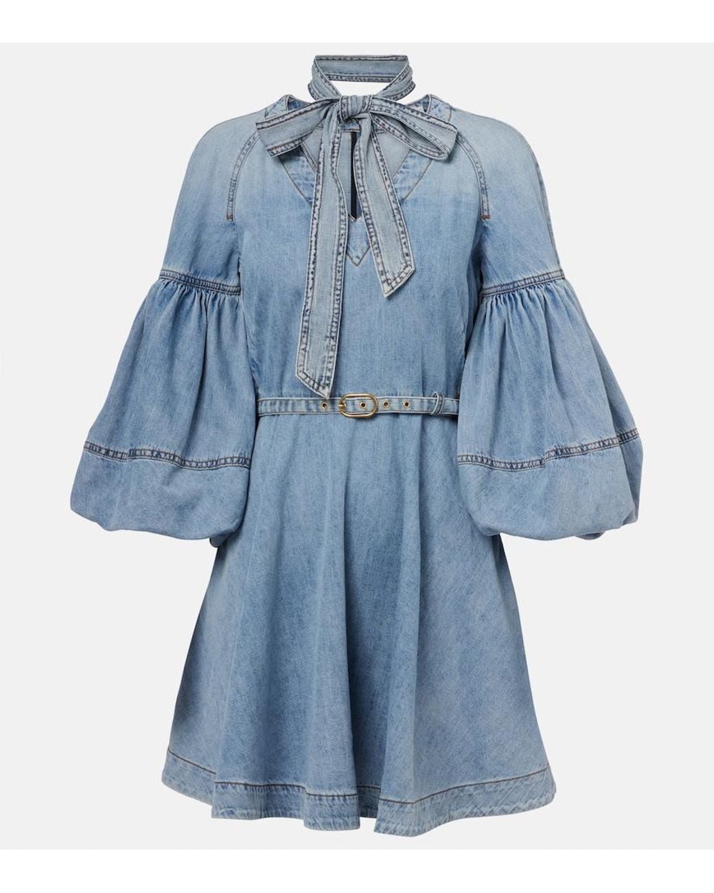 Zimmermann Blue Tie-Neck Puff-Sleeve Denim Minidress