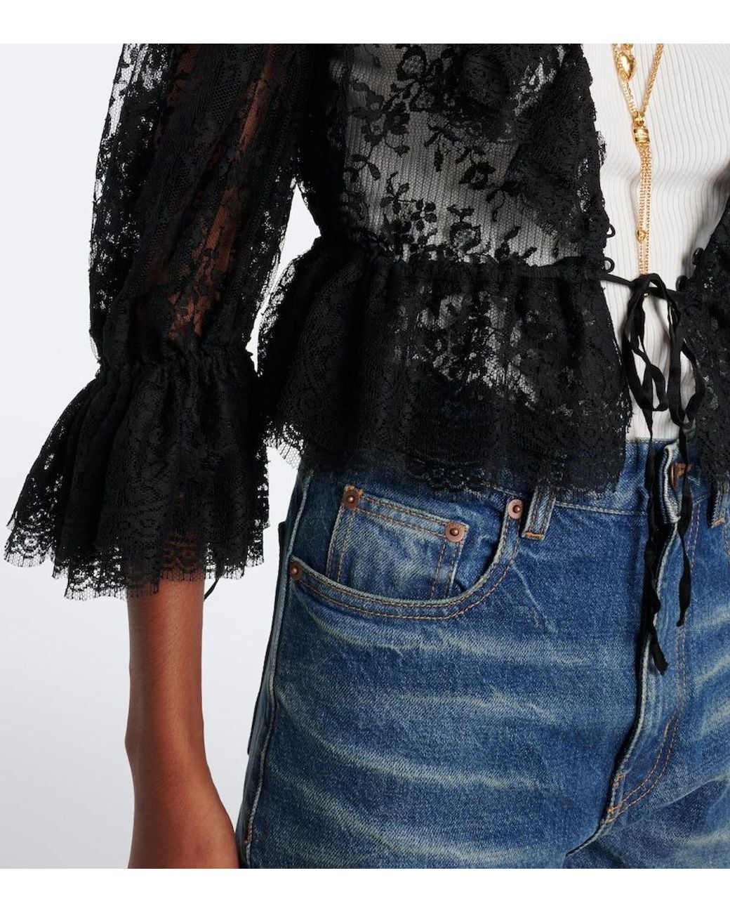 Chloé Black Semi-Sheer Cotton-Blend Lace Blouse