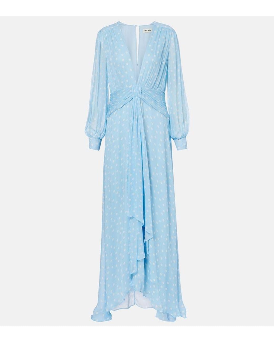 RIXO London Meera Polka-Dot Shirred Gown in Blue | Lyst