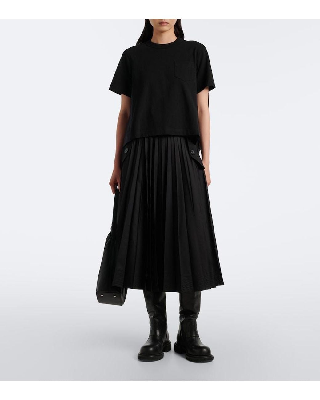 Sacai Black Cotton Jersey And Denim T-Shirt