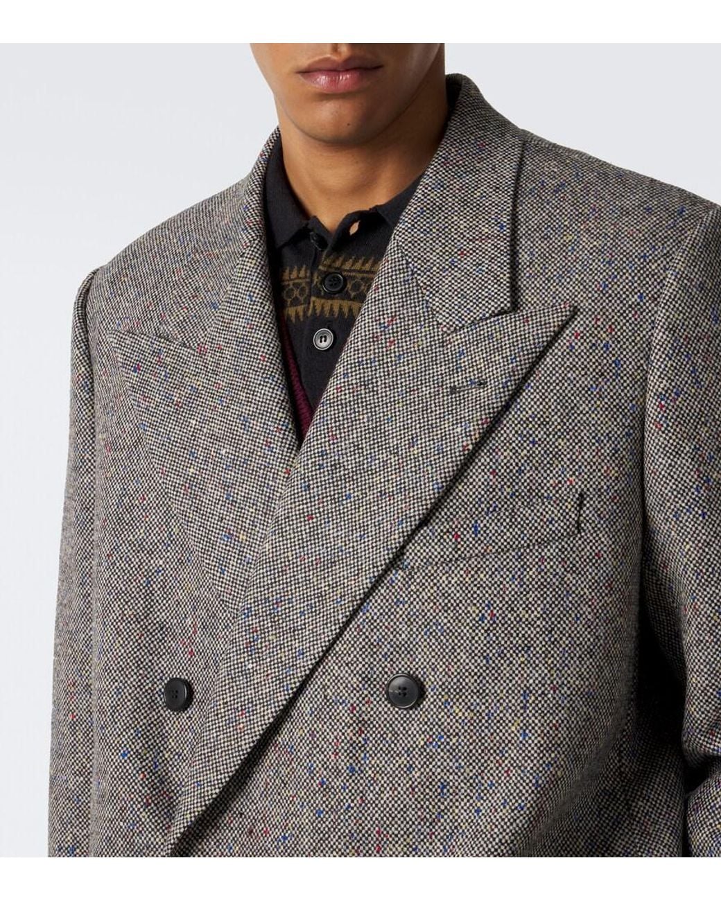 Dries Van Noten Gray Checked Double-Breasted Wool Blazer for men