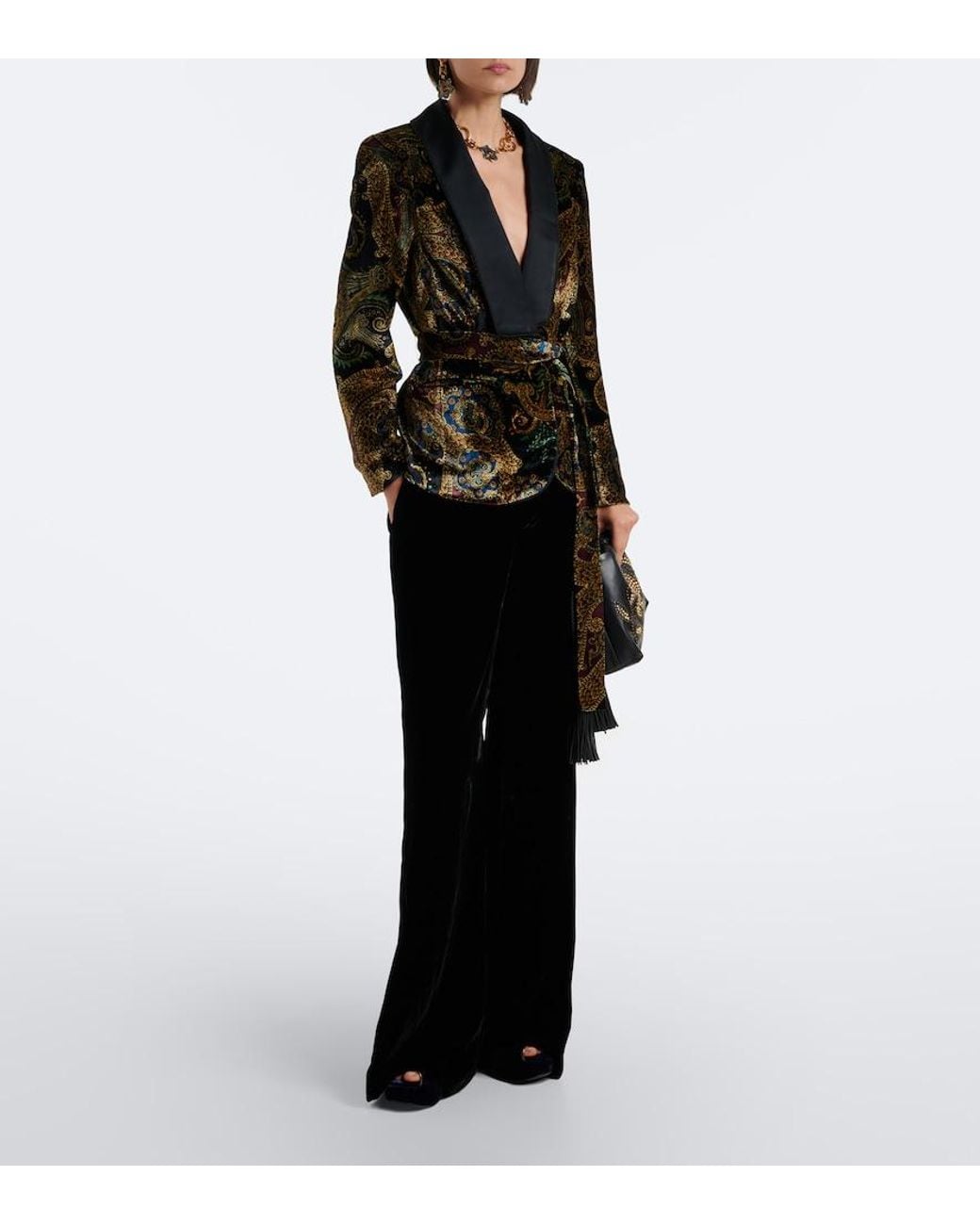 Etro Black Belted Paisley Satin-Trimmed Velvet Blazer