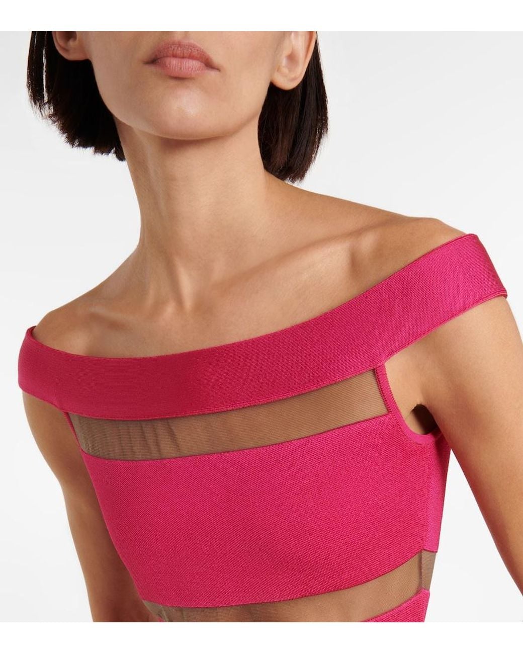 Balmain Pink Off-Shoulder Mesh-Paneled Minidress