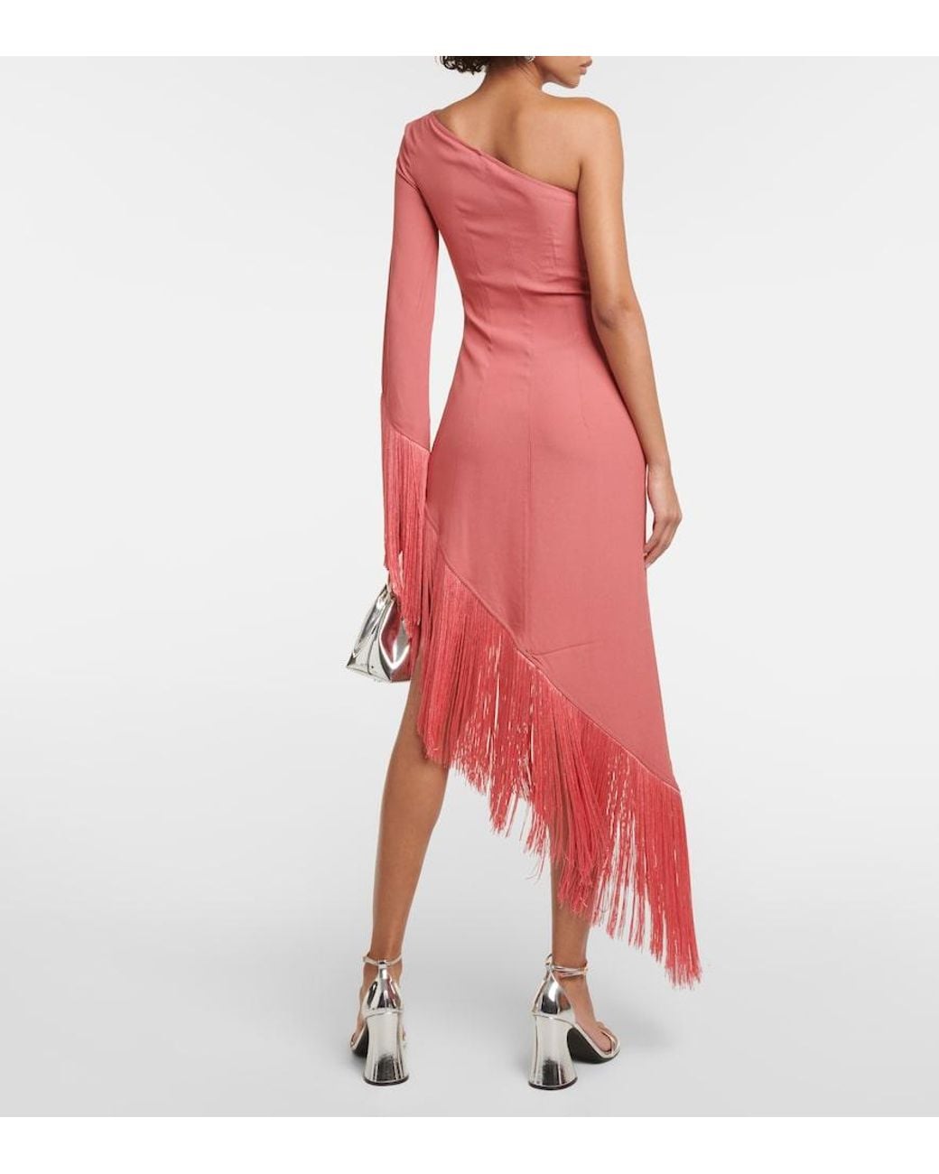 Taller Marmo Red Aventador Fringed One-Shoulder Midi Dress