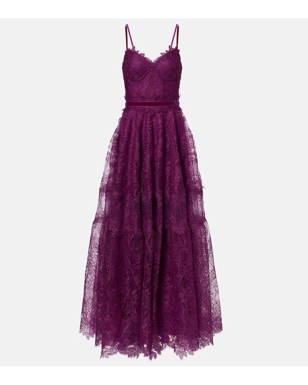 Costarellos Purple Belted Lace Gown