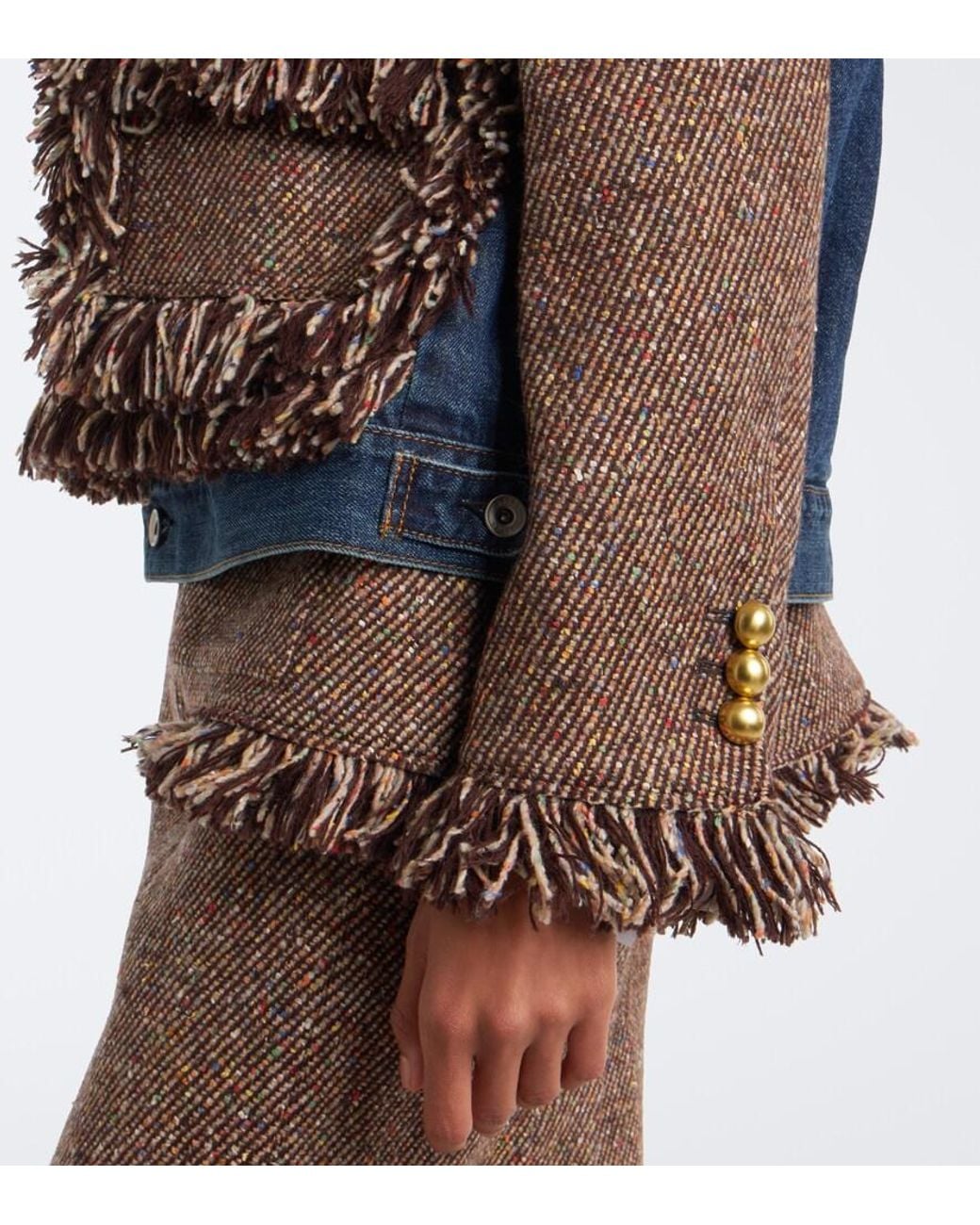 Sacai Brown Fringed Tweed And Denim Jacket