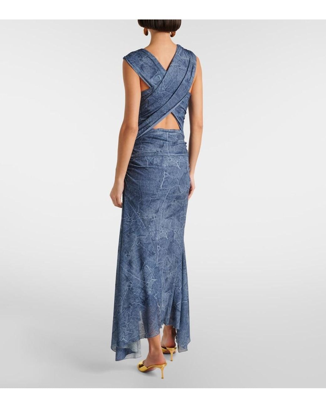 Ganni Blue Printed Ruched Mesh Maxi Dress