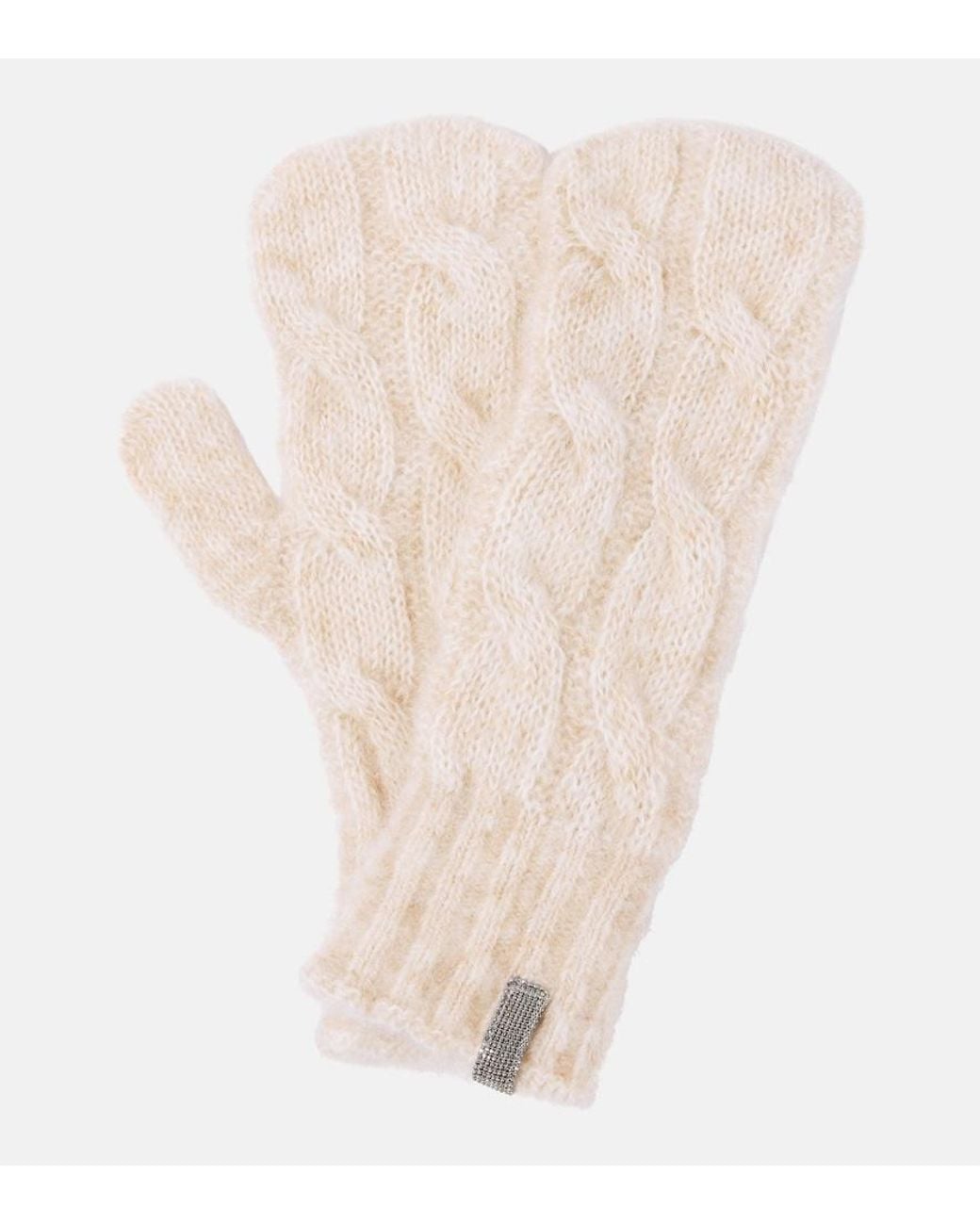 Brunello Cucinelli Natural Embellished Cable-Knit Wool Gloves