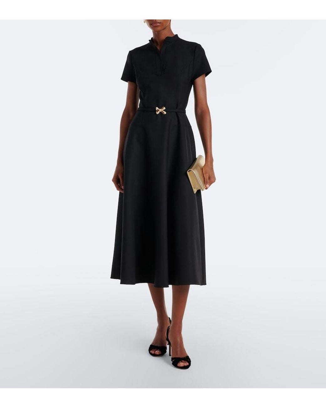 Oscar de la Renta Black Belted Embellished Wool-Blend Midi Dress