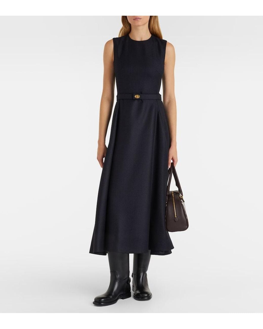 Burberry Black Prince Of Wales Check Wool Midi Dress
