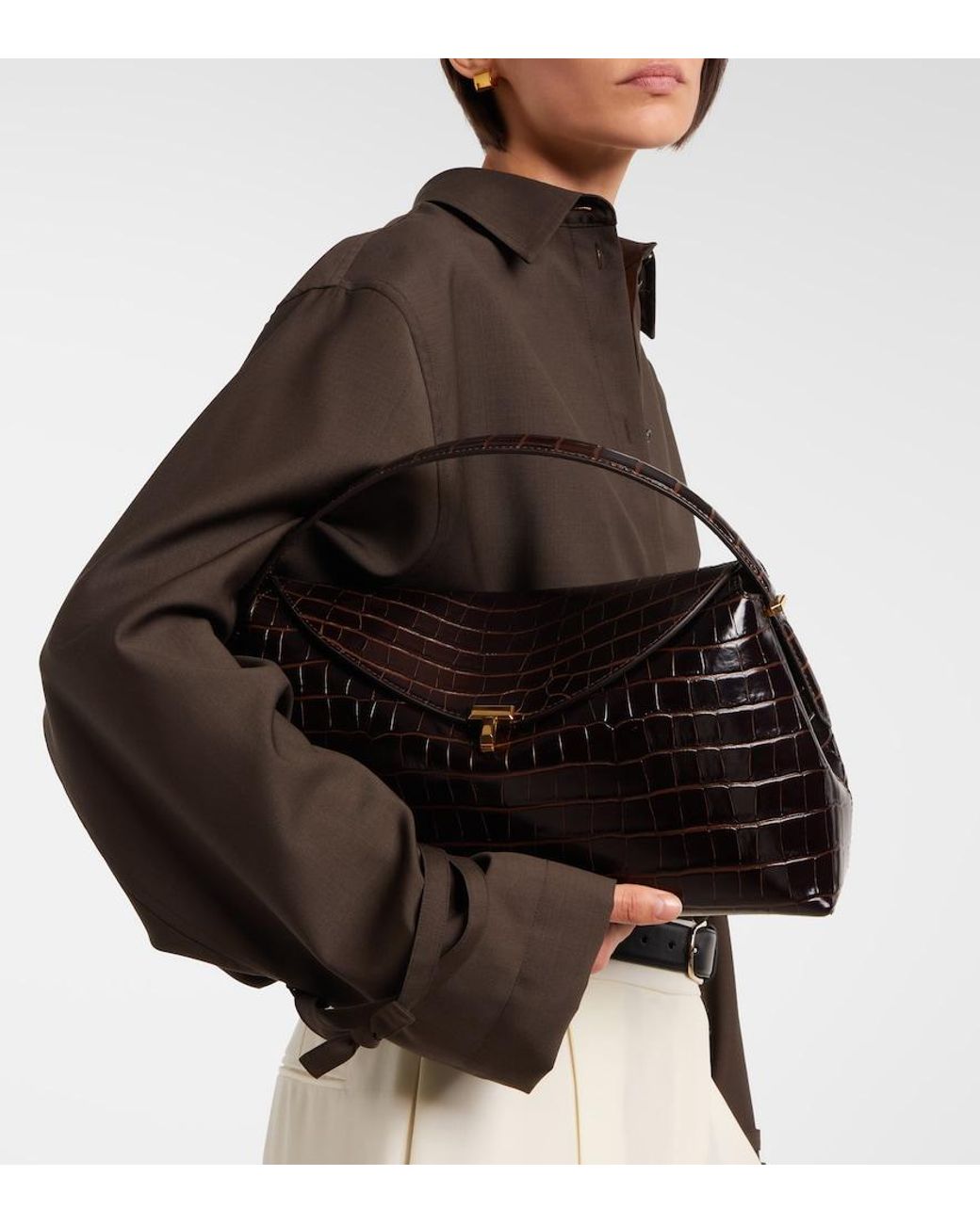 Totême Black T-Lock Croc-Effect Leather Tote Bag
