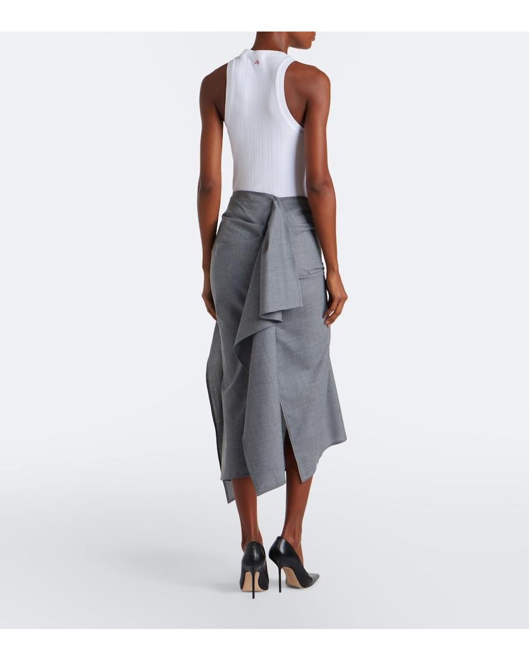 Victoria Beckham Gray Asymmetric Draped Wool Midi Skirt