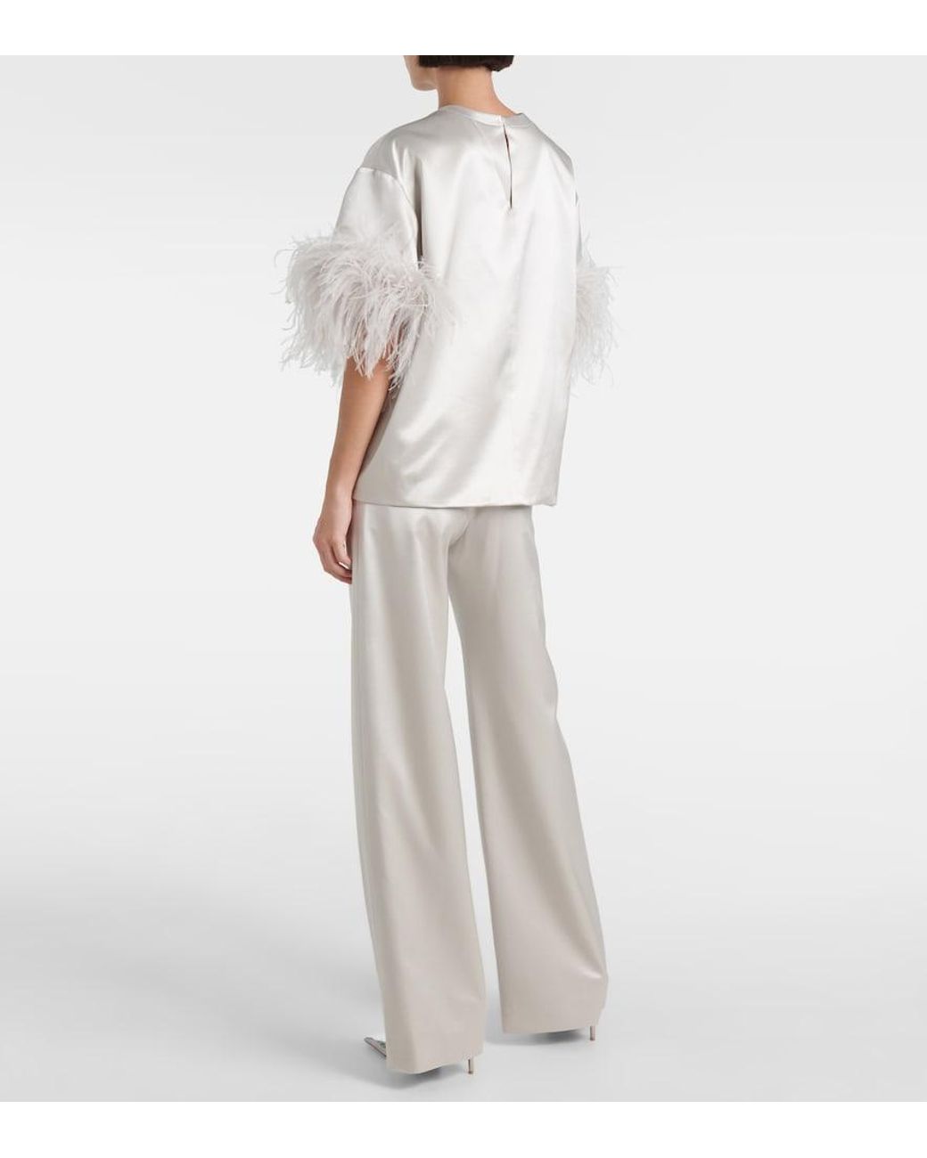 Valentino Garavani White Feather-Trimmed Silk Satin Top