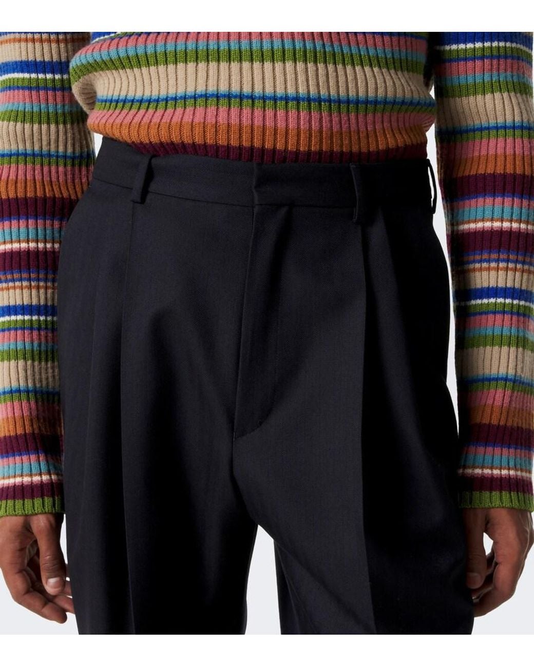 Dries Van Noten Blue Herringbone Pleated Wool Wide-Leg Pants for men
