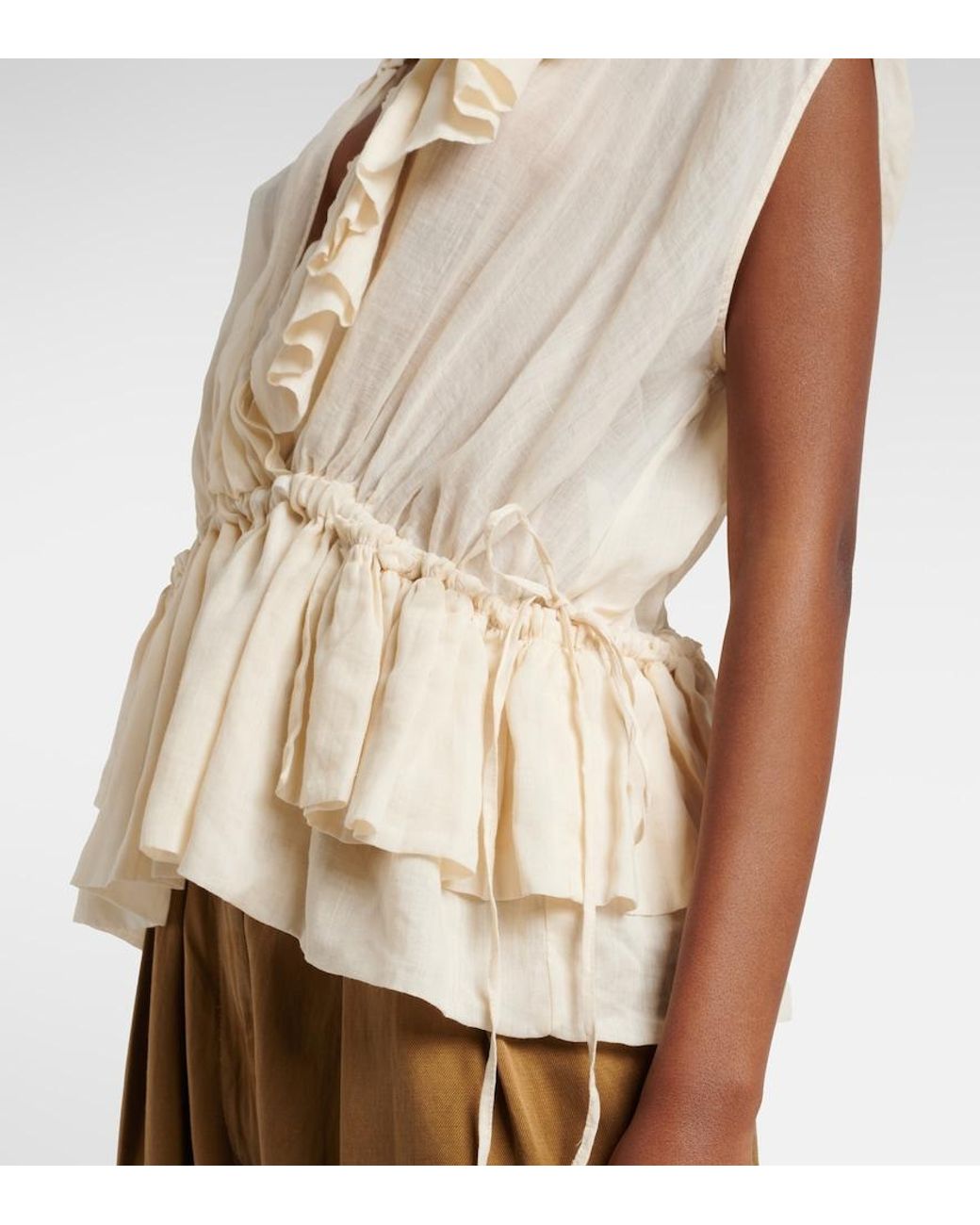 Dries Van Noten Natural Ruffled Peplum Ramie Top
